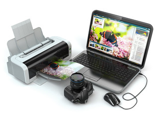 Poster - Laptop, photo camera and printer. Preparing images for print.