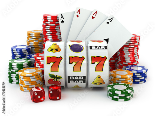Casino. Slot machine with jackpot, dice, cards and chips. плакат