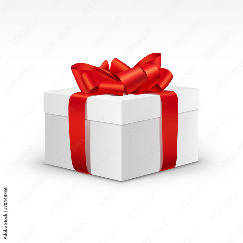 White Gift Box with Bright Red Ribbon Isolated - obrazy, fototapety, plakaty 