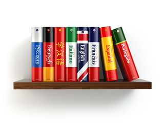 Poster - Dictionaries on bookshelf white isolated backgound.