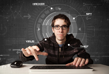 Aufkleber - Young hacker in futuristic enviroment hacking personal informati
