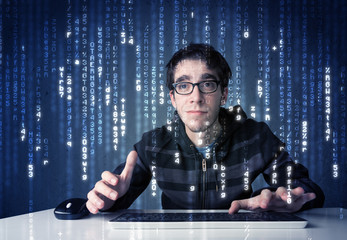Poster - Hacker decoding information from futuristic network technology