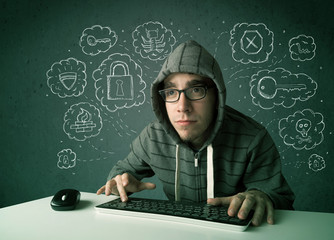 Aufkleber - Young nerd hacker with virus and hacking thoughts