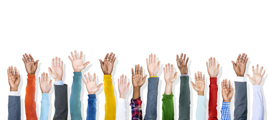 Sticker - Group of Diverse Colorful Hands Raised