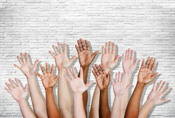 Wall Mural - Group of Human Arms Raised with Brick Wall