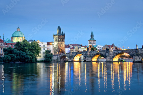 Vltava river and Charles bridge by night, Prague, Czech republic Poster