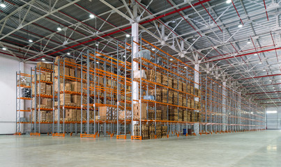 Big automated warehouse, panorama of modern shelving and rack system