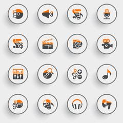 Audio video icons with white buttons on gray background.