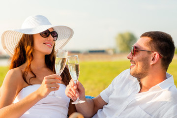 Wall Mural - smiling couple drinking champagne on picnic