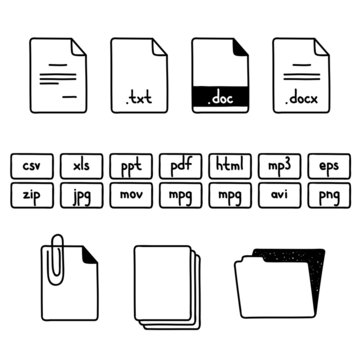Hand draw doodle sketch set of document file fomats icons