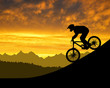 silhouette of the cyclist on downhill bike at sunset