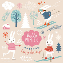 Cute Sporting  Rabbits And Winter Grachic Elements