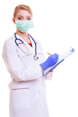 Poster - Woman in mask and lab coat. Doctor nurse writing on clipboard.