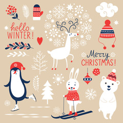 Wall Mural - Set of Christmas graphic elements on beige background