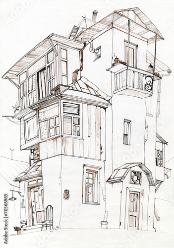 Obraz w ramie Rickety old house with verandas.