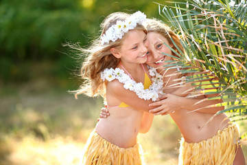 Sticker - portrait of two sisters twins in tropical style