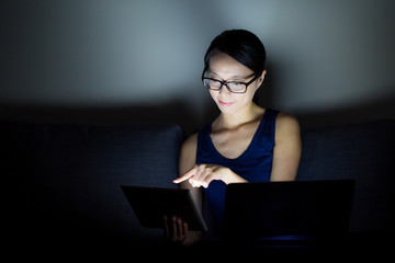 Canvas Print - Asian woman use notebook computer at home