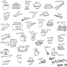 Hand Drawn Set Of Objects In Kitchen, Doodles