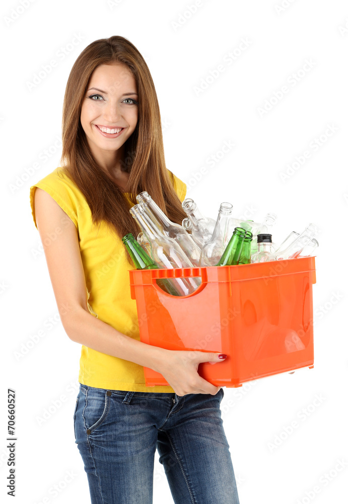 Young girl sorting glass bottles isolated on white
