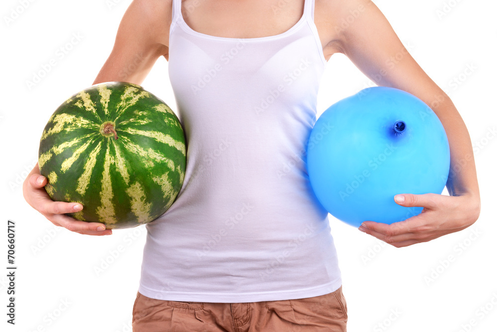 Woman holding watermelon and balloon isolated on white