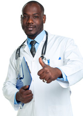 Portrait of a smiling male doctor holding a notepad and finger u