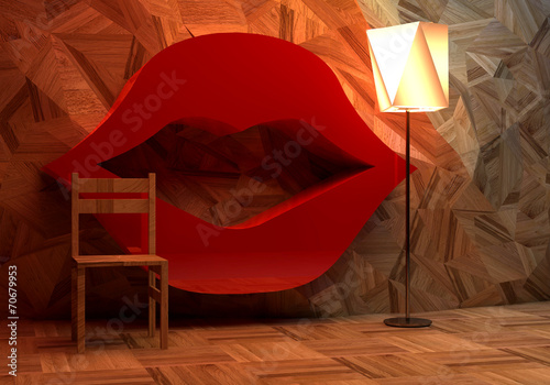 Fototapeta na wymiar 3d illustration of Bookshelf in shape of lips, lamp and chair