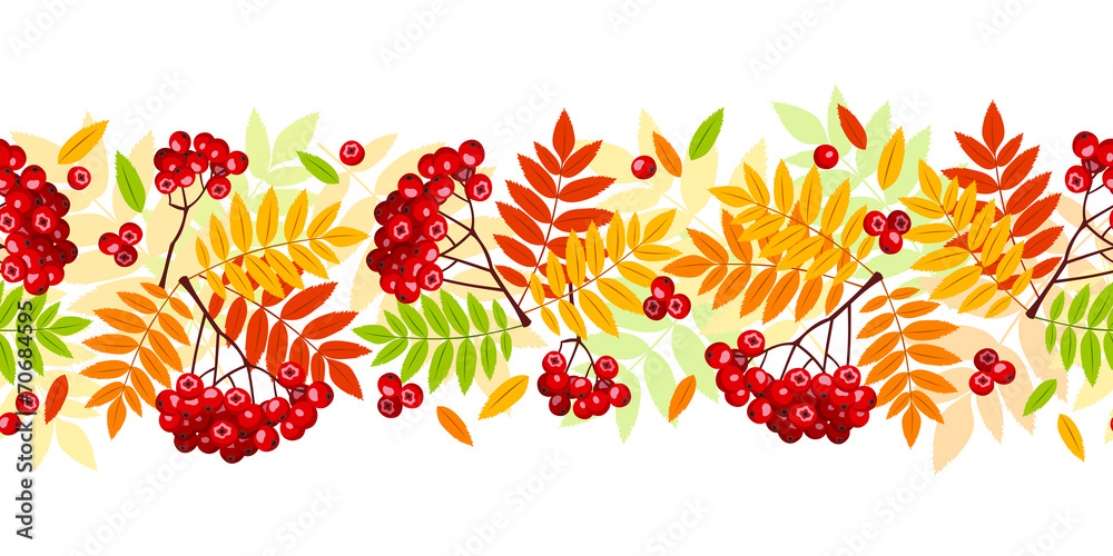 Horizontal seamless background with autumn rowan branches. - obrazy, fototapety, plakaty 