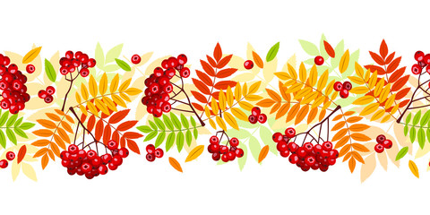 horizontal seamless background with autumn rowan branches.
