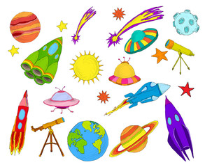 Wall Mural - space objects sketch set colored