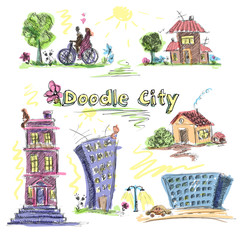 Sticker - City doodle set colored