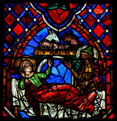 Fototapete - Nativity Scene Stained Glass in Tours Cathedral