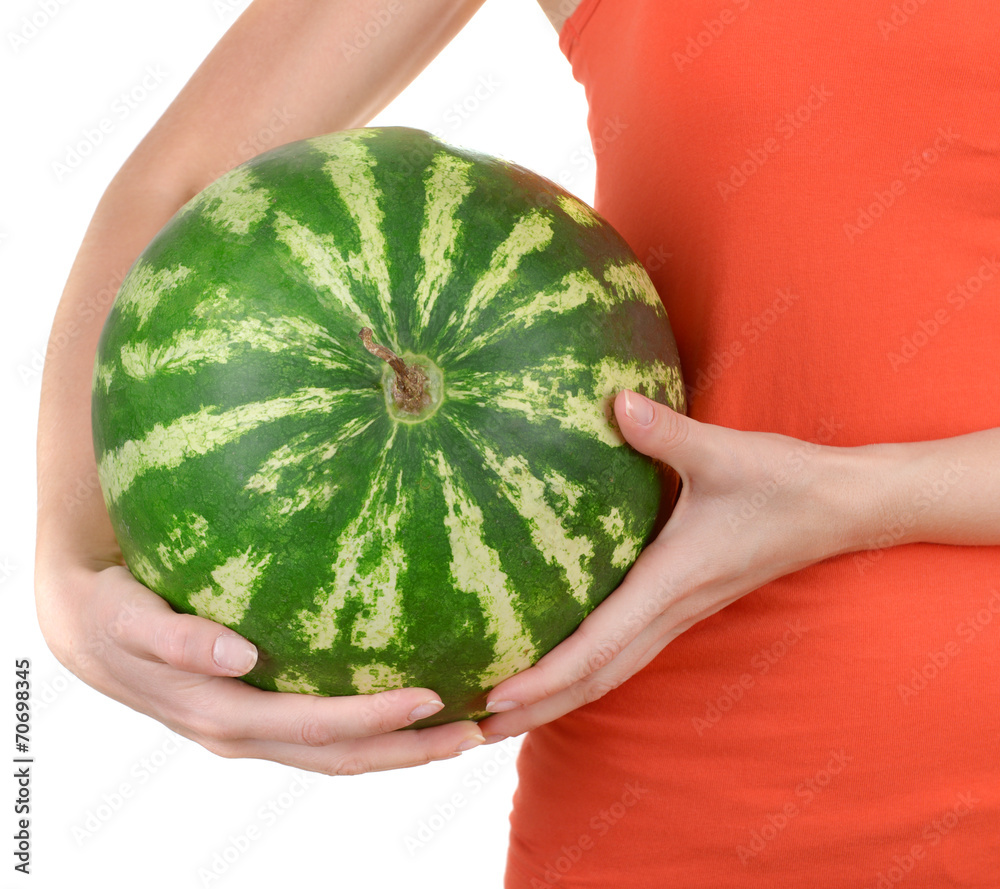 Woman holding watermelon isolated on white