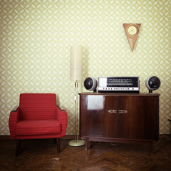 Wall Mural - Vintage room with wallpaper, old fashioned armchair, retro playe