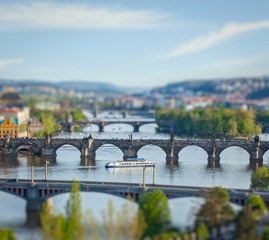 Panoramic view of Prague bridges over Vltava river