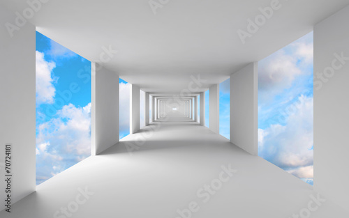 abstrakcjonistyczna-3d-architektura-pusty-bialy-korytarz-z-niebem