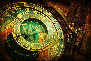 Fototapete - astronomische Uhr am Rathaus in Prag mit nostalgischer Textur