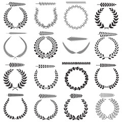 Set of silhouettes of laurel wreaths and branches