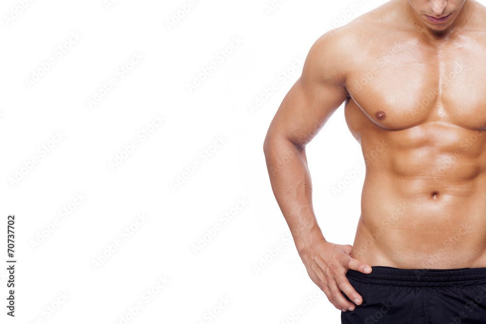 Fit young man with beautiful torso, isolated on white background - obrazy, fototapety, plakaty 