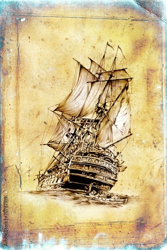 Naklejka - mata magnetyczna na lodówkę antique boat sea motive drawing art