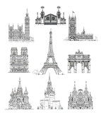 Fototapeta Paryż - Famous buildings of London, Paris and Moscow, sketch collection