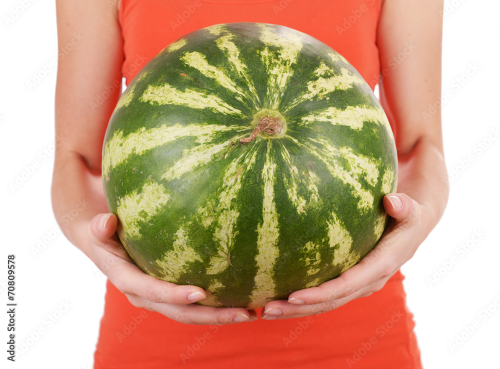 Woman holding watermelon isolated on white