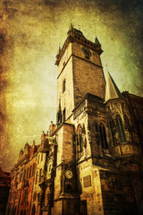 Fototapete - antik texturiertes Bild des historischen Rathausturms in Prag