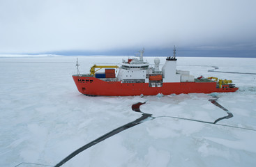 Icebreaker ship in the sea of Antarctic