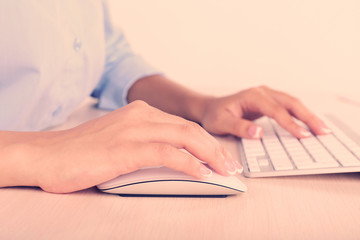 Poster - Female hands typing on keyboard, on light background