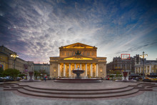 Russia, Central Russia, Moscow, Theatre Square, Bolshoi Theatre And Petrovskiy Fountain In The Evening