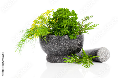 Fototapeta na wymiar Stone mortar with green herbs, on white background