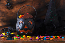Sweets Chocolate Candy For Halloween, Witch Hat, Spider, Web