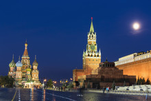 Russia, Central Russia, Moscow, Red Square, Saint Basil's Cathedral, Kremlin Wall, Kremlin Senate, Senate Tower, Spasskaya Tower And Lenin's Mausoleum At Night