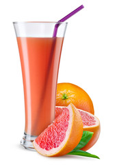 Wall Mural - Glass of grapefruit juice with fruit isolated on white.