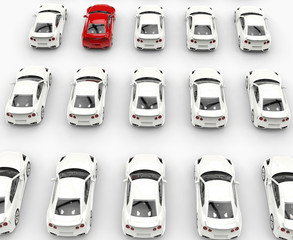 Wall Mural - Red car among many white cars - top row